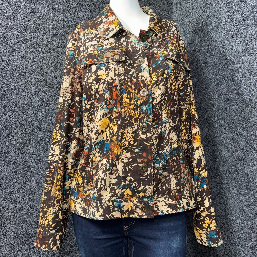 C&B Abstract Floral Print Rustic Boho Jacket Shacket Medium Jewel Tones Brown
